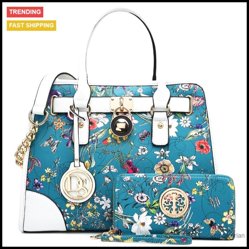 Floral Vegan Leather Satchel Purse with Chain Strap Work Bag Set